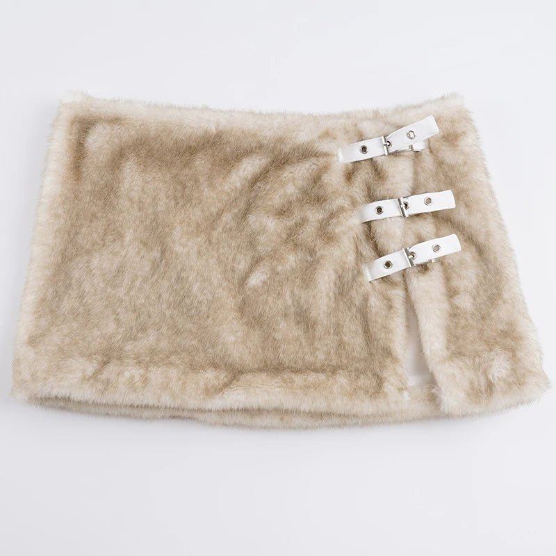 Sexy Faux Fur Eco - Friendly Soft Mini Skirt with High Slit and Button - Zeprah