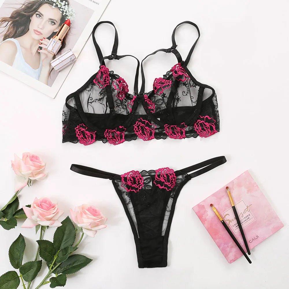 Sexy Floral Embroidery Women Lingerie Bra Brief Sets Plus Size Women's Underwear - Zeprah