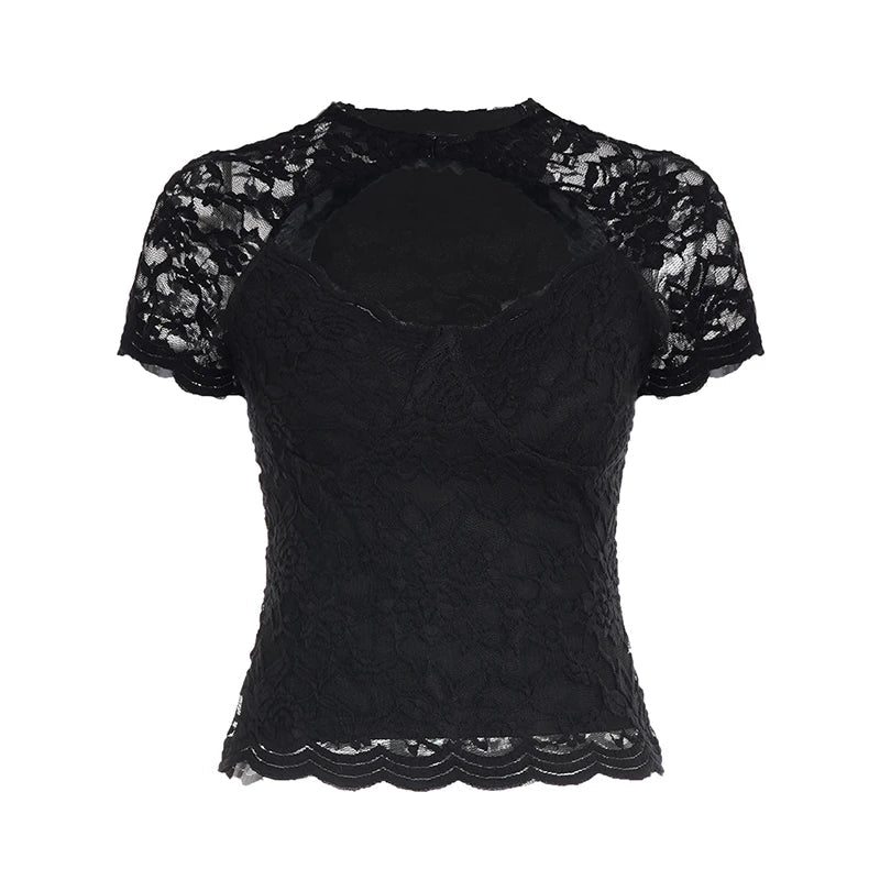 Sexy Lace Floral Pattern Breathable Summer Knitted Slim Fit Womens T-Shirt with Minimalist Short Sleeve Top - Zeprah