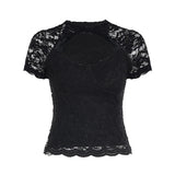 Sexy Lace Floral Pattern Breathable Summer Knitted Slim Fit Womens T-Shirt with Minimalist Short Sleeve Top - Zeprah