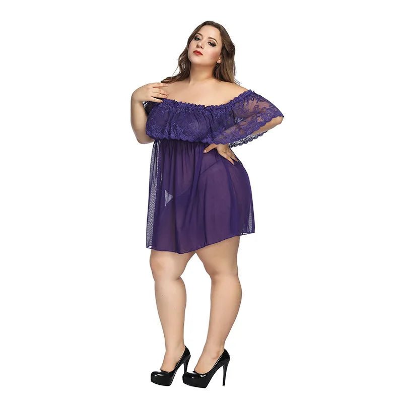 Sexy Lace See - through Plus Size Polyester Nightdress Off - shoulder Nightgown No Sleeves - Zeprah