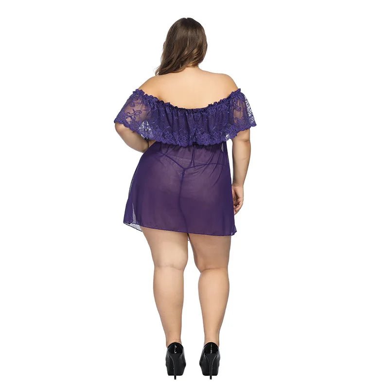 Sexy Lace See - through Plus Size Polyester Nightdress Off - shoulder Nightgown No Sleeves - Zeprah