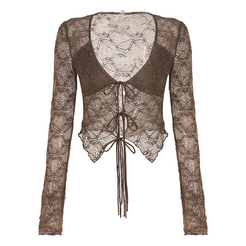 Sexy Lace Top See Through Long Sleeve Womens Solid Crop Blouse Shirt Tie Front - Zeprah