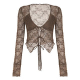 Sexy Lace Top See Through Long Sleeve Womens Solid Crop Blouse Shirt Tie Front - Zeprah