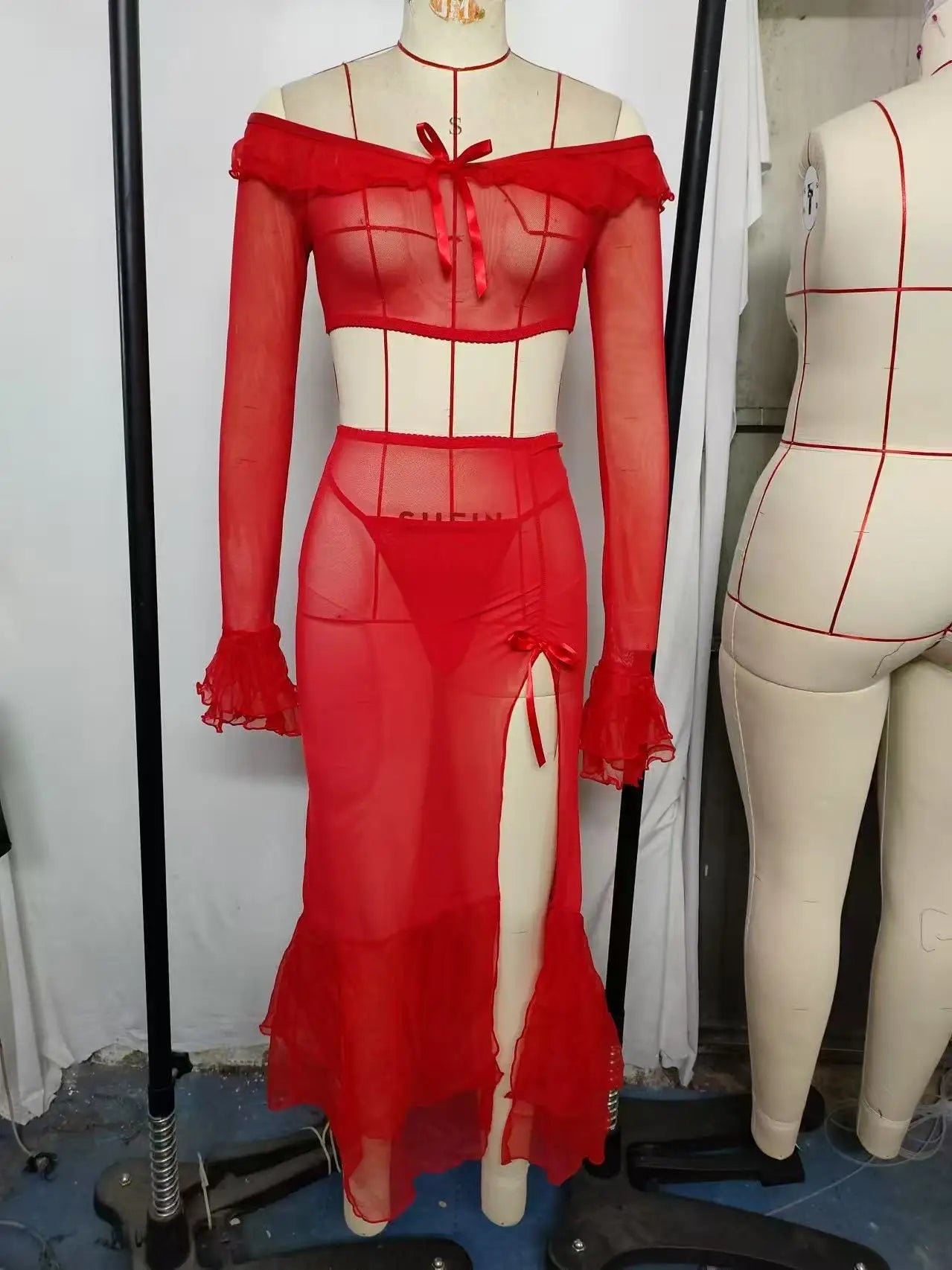 Sexy Lingerie European American Style Ruffled Lace - Up Mesh Breathable Long Sleeve Women's Short Top Long Skirt - Zeprah