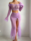 Sexy Lingerie European American Style Ruffled Lace - Up Mesh Long Sleeve Women's Short Top Long Skirt Set - Zeprah