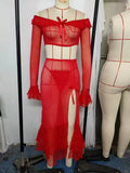 Sexy Lingerie European American Style Ruffled Lace - Up Mesh Long Sleeve Women's Short Top Long Skirt Set - Zeprah