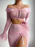 Sexy Lingerie European American Style Ruffled Lace - Up Mesh Long Sleeve Women's Short Top Long Skirt Set - Zeprah