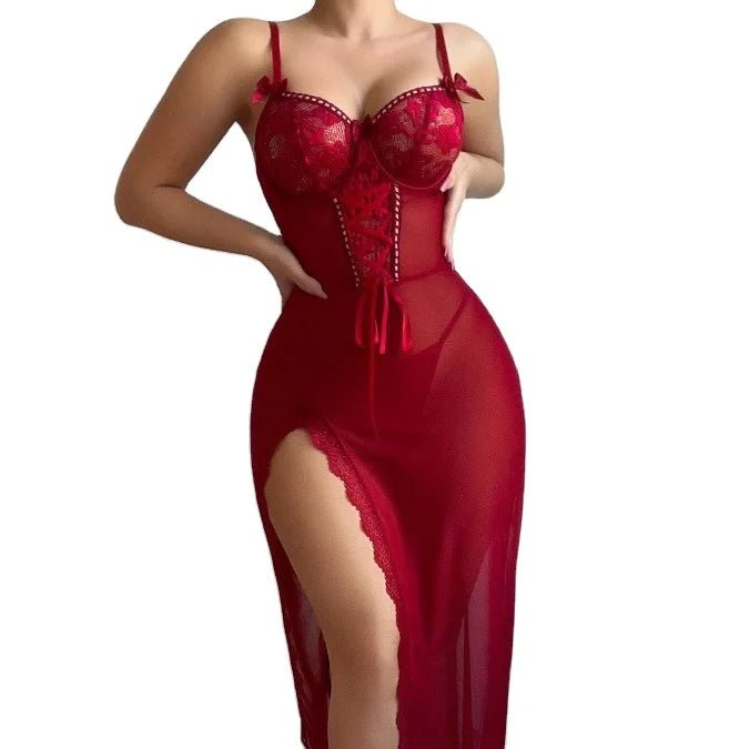 Sexy Lingerie Set Lace Hollow Nightdress Bodysuit Embroidery See - Through Mesh Light Control - Zeprah