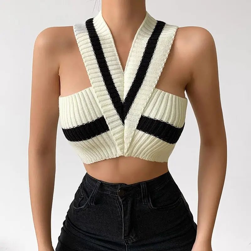 Sexy Neck - hanging Striped Cross - strap Vest Knitted Going Out Tops Women Tank Top - Zeprah