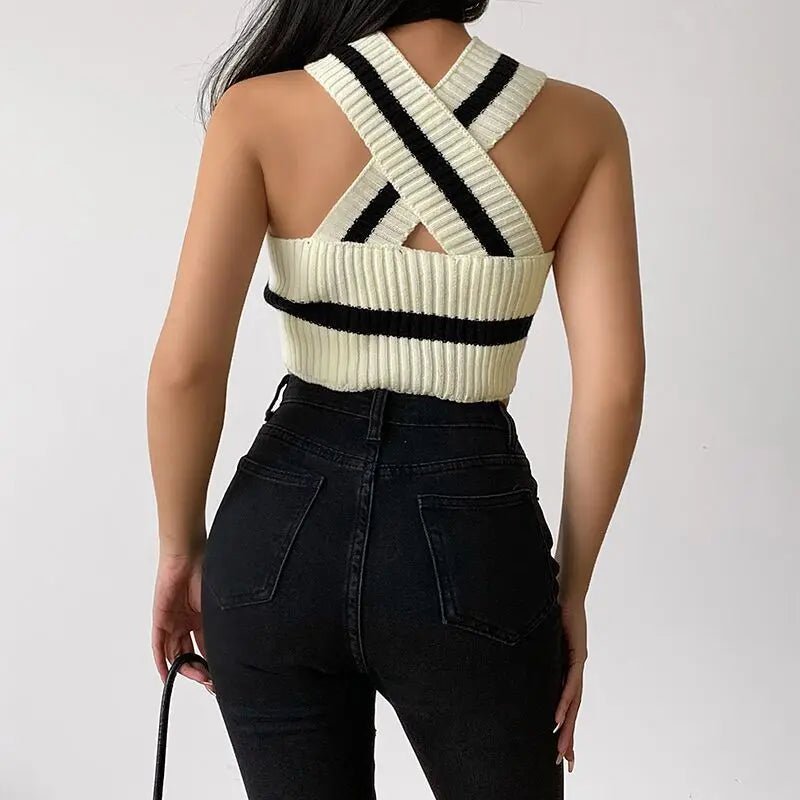 Sexy Neck - hanging Striped Cross - strap Vest Knitted Going Out Tops Women Tank Top - Zeprah