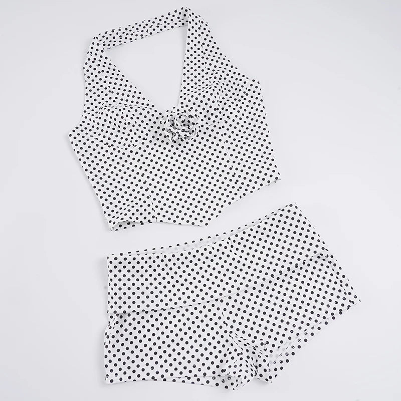 Sexy Polka Dot Color Block One Set Casual V - neck Crop Top Shorts 3D Floral Applique Stretchy Skinny Fit Breathable Eco - Friendly - Zeprah