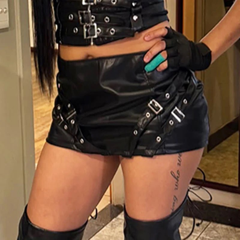 Sexy Punk Motorcycle Summer Wrap Mini Skirt Dropped Stretch Leather Metal Zipper - Zeprah