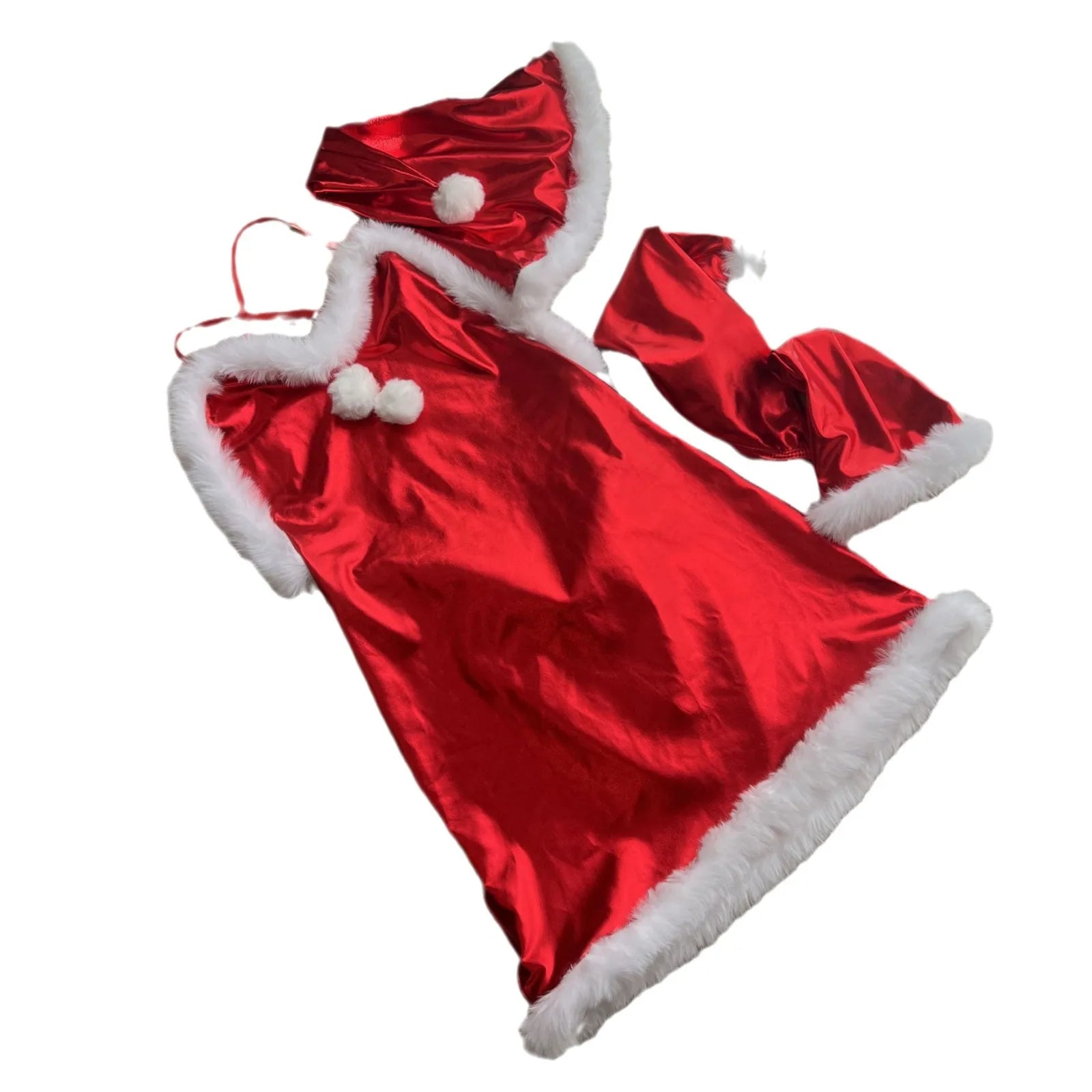 Sexy Red Christmas Cosplay Leather Suit with Hat Gloves Short Dress Underwear - Zeprah