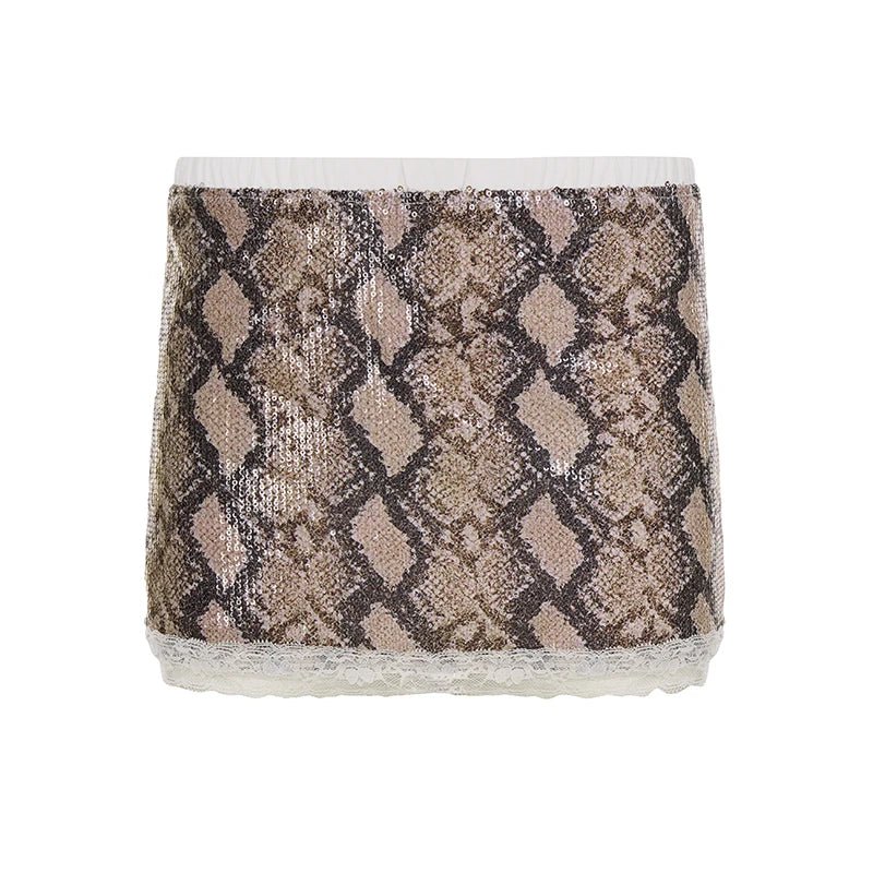 Sexy Snake Print Sequin Lace Midi Skirt with Natural Waist & Pleated Detail Stretchy Club Party Skirt for Women - Zeprah