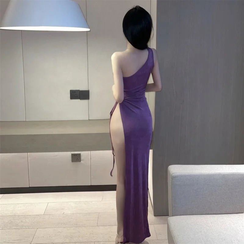 Sexy Spice Girl Slant Shoulder Sleeveless Slim - fit Dress Elegant Tight Waist Elegant Hollow High Split Long Women's Dress - Zeprah