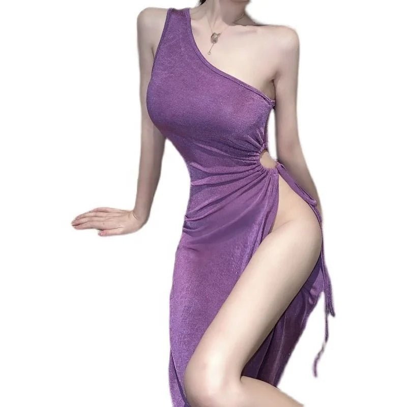 Sexy Spice Girl Slant Shoulder Sleeveless Slim - fit Dress Elegant Tight Waist Elegant Hollow High Split Long Women's Dress - Zeprah