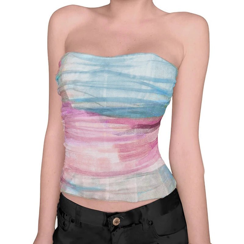 Sexy Summer Casual Strapless Tank Top Solid Sheer Mesh Knitted Breathable Eco - Friendly Spandex/Polyester Short Beach Party Crop - Zeprah