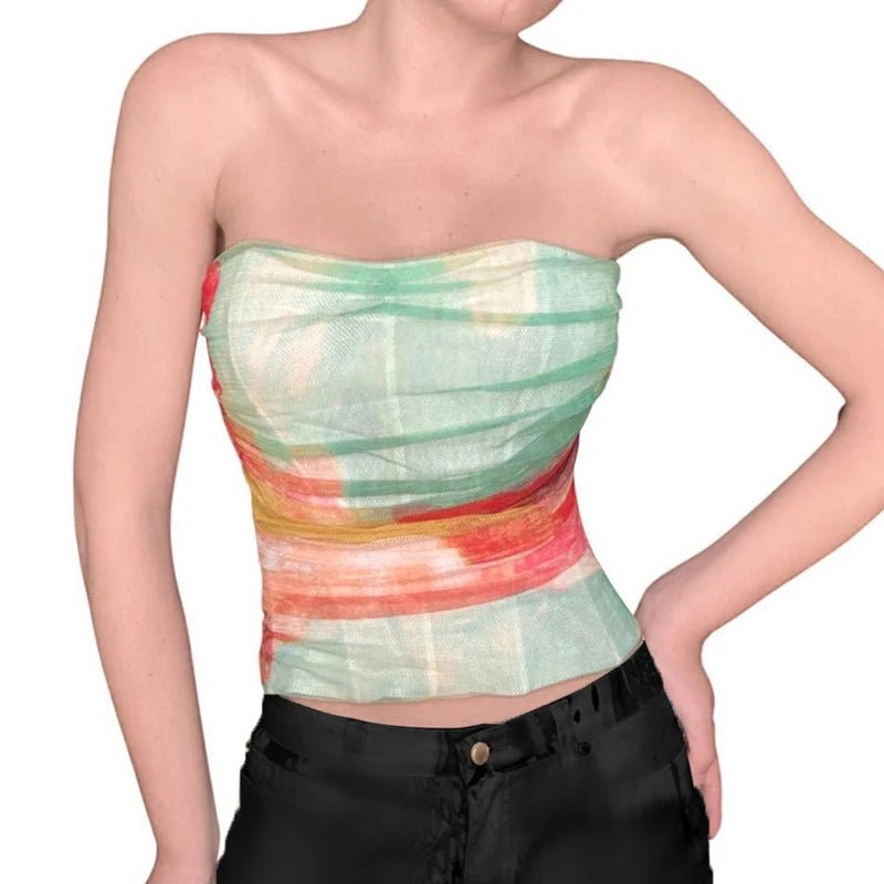 Sexy Summer Casual Strapless Tank Top Solid Sheer Mesh Knitted Breathable Eco - Friendly Spandex/Polyester Short Beach Party Crop - Zeprah