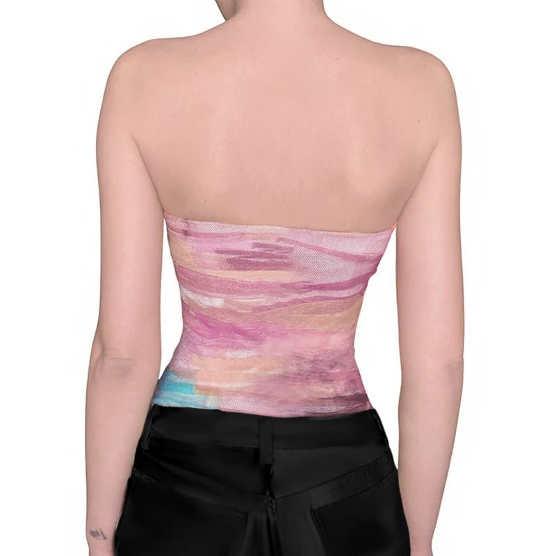 Sexy Summer Casual Strapless Tank Top Solid Sheer Mesh Knitted Breathable Eco - Friendly Spandex/Polyester Short Beach Party Crop - Zeprah