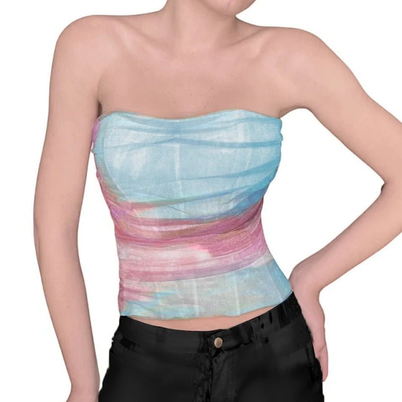 Sexy Summer Casual Strapless Tank Top Solid Sheer Mesh Knitted Breathable Eco - Friendly Spandex/Polyester Short Beach Party Crop - Zeprah