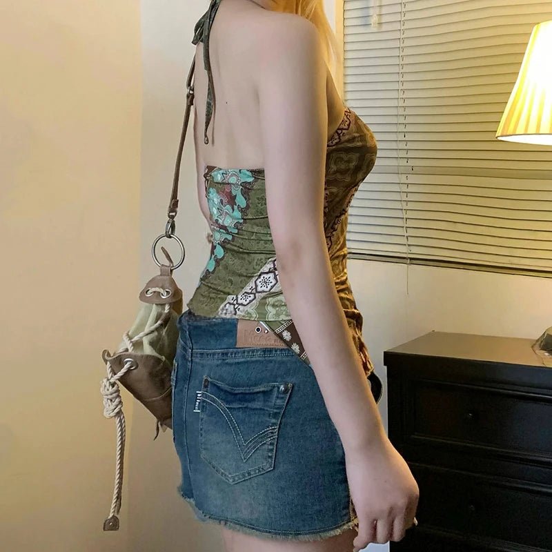 Sexy Summer Women's Knitted Vest Eco - Friendly Forest Aesthetic Cropped Camisole Lace - Up Front Ribbons High Quality Fashion Top - Zeprah