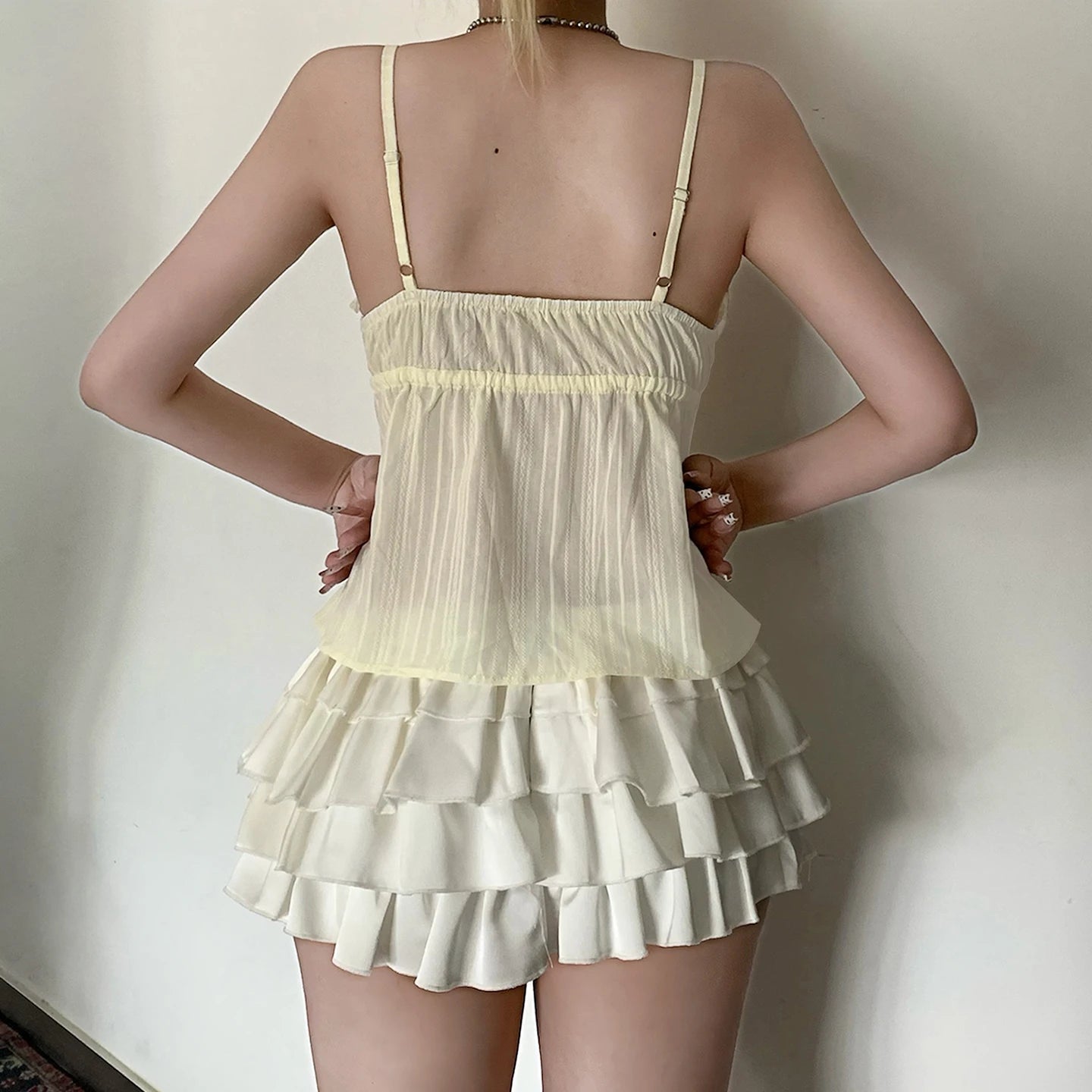 Sexy Sweet Breathable Eco - Friendly Lace Woven Cotton Jacquard Solid V - Neck with Tie Front Summer Cami Top - Zeprah