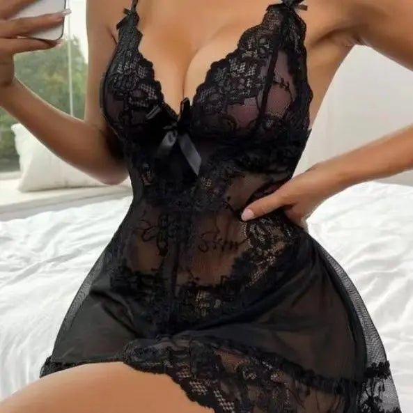 Sexy Underwear European American Suspender Lace Mesh Polyester Embroidered Skirt Panty Set - Zeprah