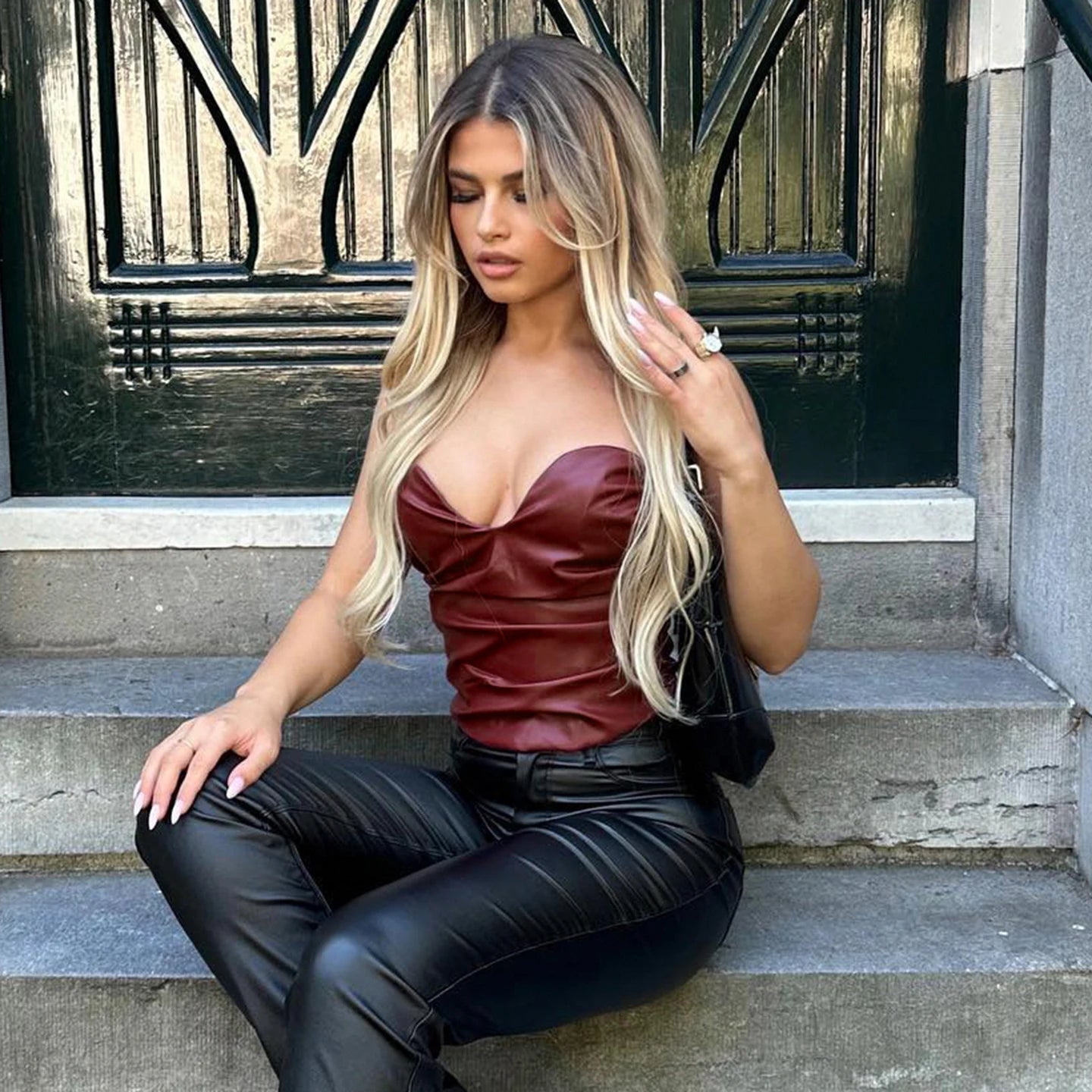 Sexy Vintage Short Red Leather Woven Bodycon Vest Off - Shoulder Bustier Tube Top with Zipper for Women Clubwear - Zeprah