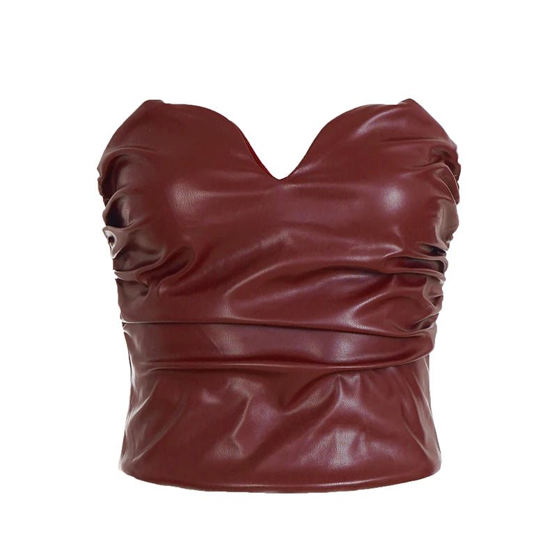Sexy Vintage Short Red Leather Woven Bodycon Vest Off - Shoulder Bustier Tube Top with Zipper for Women Clubwear - Zeprah