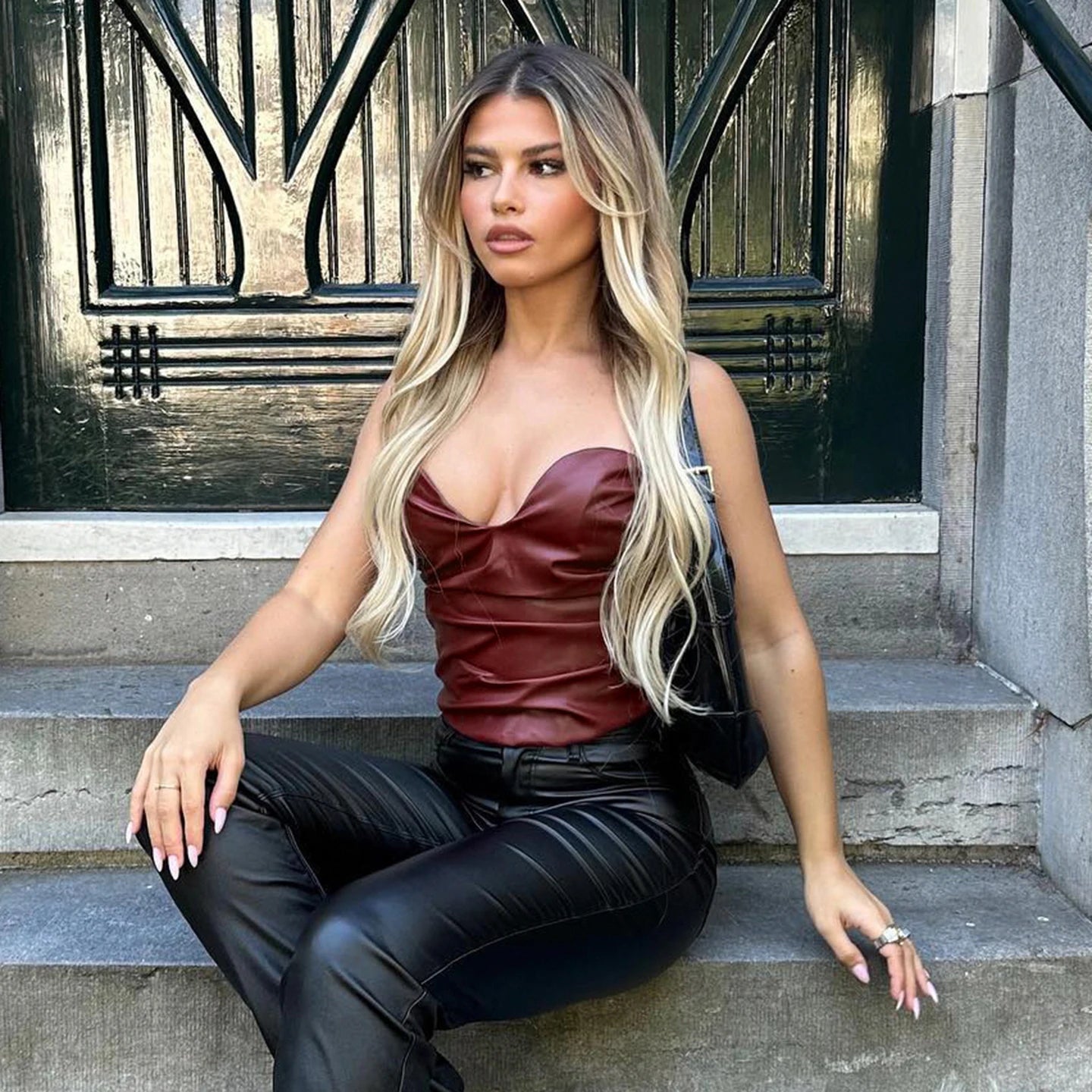 Sexy Vintage Short Red Leather Woven Bodycon Vest Off - Shoulder Bustier Tube Top with Zipper for Women Clubwear - Zeprah