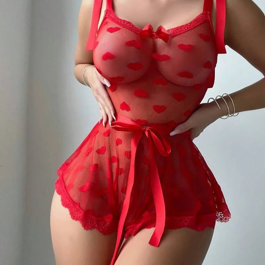 Sexy Women Lace Mesh Heart Waist Cincher Bodysuit Set Firm Control Breathable - Zeprah