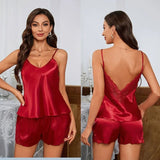 Sexy Women's Breathable Summer Satin Lace Strap Low - Rise Elastic Waist Sleeveless Pajamas Nightwear Homewear - Zeprah