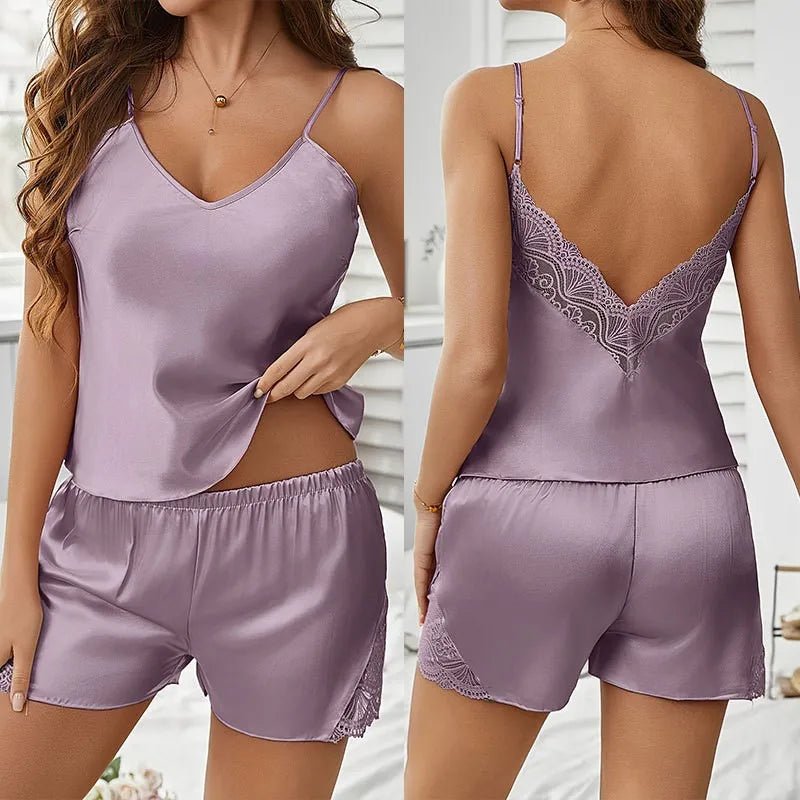 Sexy Women's Breathable Summer Satin Lace Strap Low - Rise Elastic Waist Sleeveless Pajamas Nightwear Homewear - Zeprah