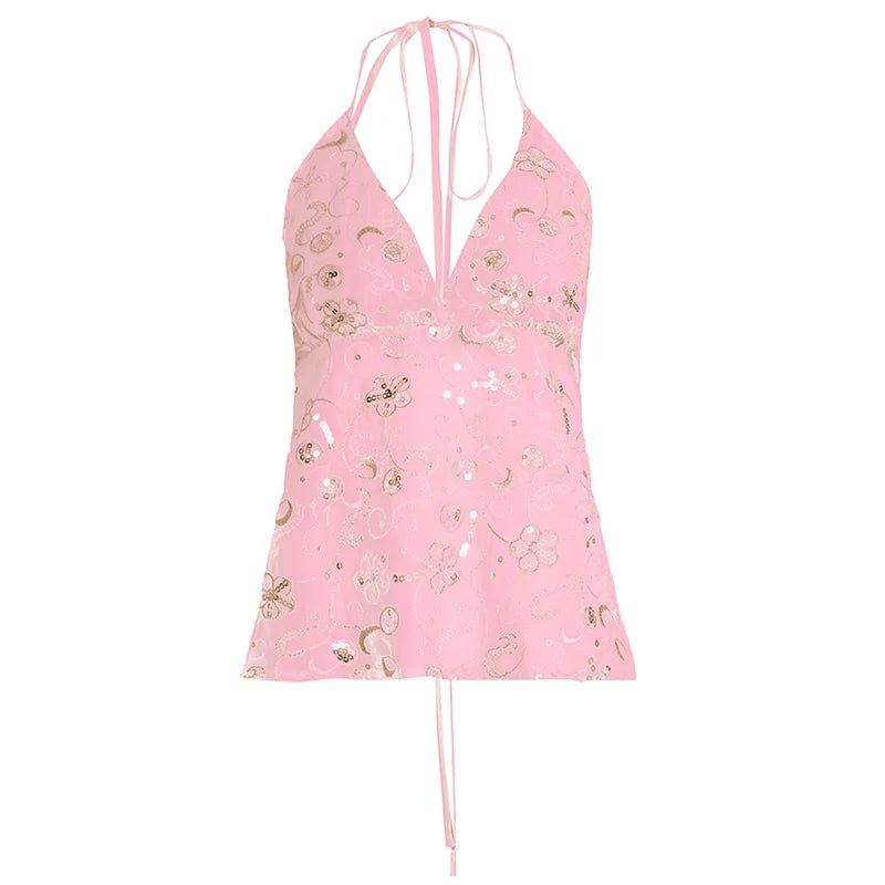 Sexy Women's Crocheted Floral Sweet Halter Neck Lace Patchwork Sequin Beaded Camisole Top V - Neck Low Back Tie - Up Quick Dry - Zeprah