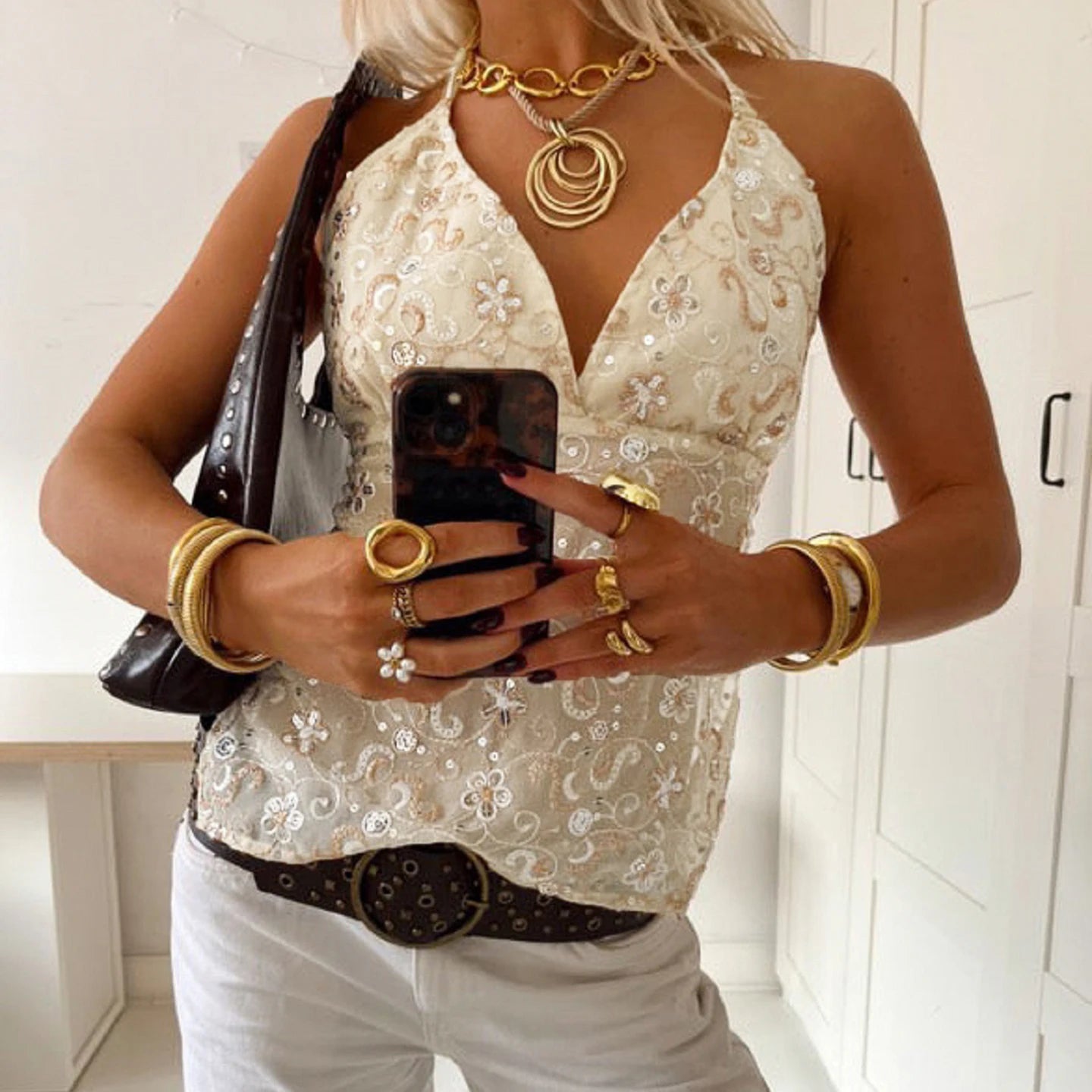 Sexy Women's Crocheted Floral Sweet Halter Neck Lace Patchwork Sequin Beaded Camisole Top V - Neck Low Back Tie - Up Quick Dry - Zeprah