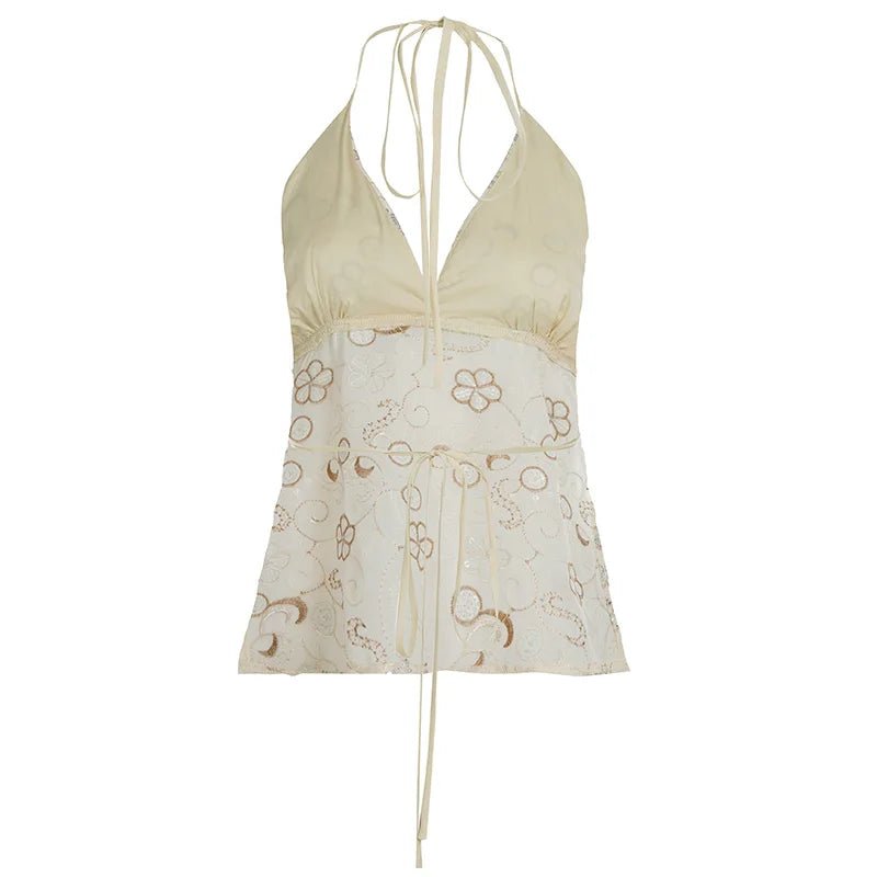 Sexy Women's Crocheted Floral Sweet Halter Neck Lace Patchwork Sequin Beaded Camisole Top V - Neck Low Back Tie - Up Quick Dry - Zeprah