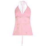 Sexy Women's Crocheted Floral Sweet Halter Neck Lace Patchwork Sequin Beaded Camisole Top V - Neck Low Back Tie - Up Quick Dry - Zeprah