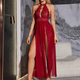 Sexy Women's Lace Light Control Thin Mesh Neck Hollow Split Long Dress Lingerie Set - Zeprah