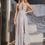 Sexy Women's Lace Light Control Thin Mesh Neck Hollow Split Long Dress Lingerie Set - Zeprah