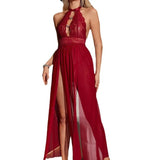 Sexy Women's Lace Light Control Thin Mesh Neck Hollow Split Long Dress Lingerie Set - Zeprah