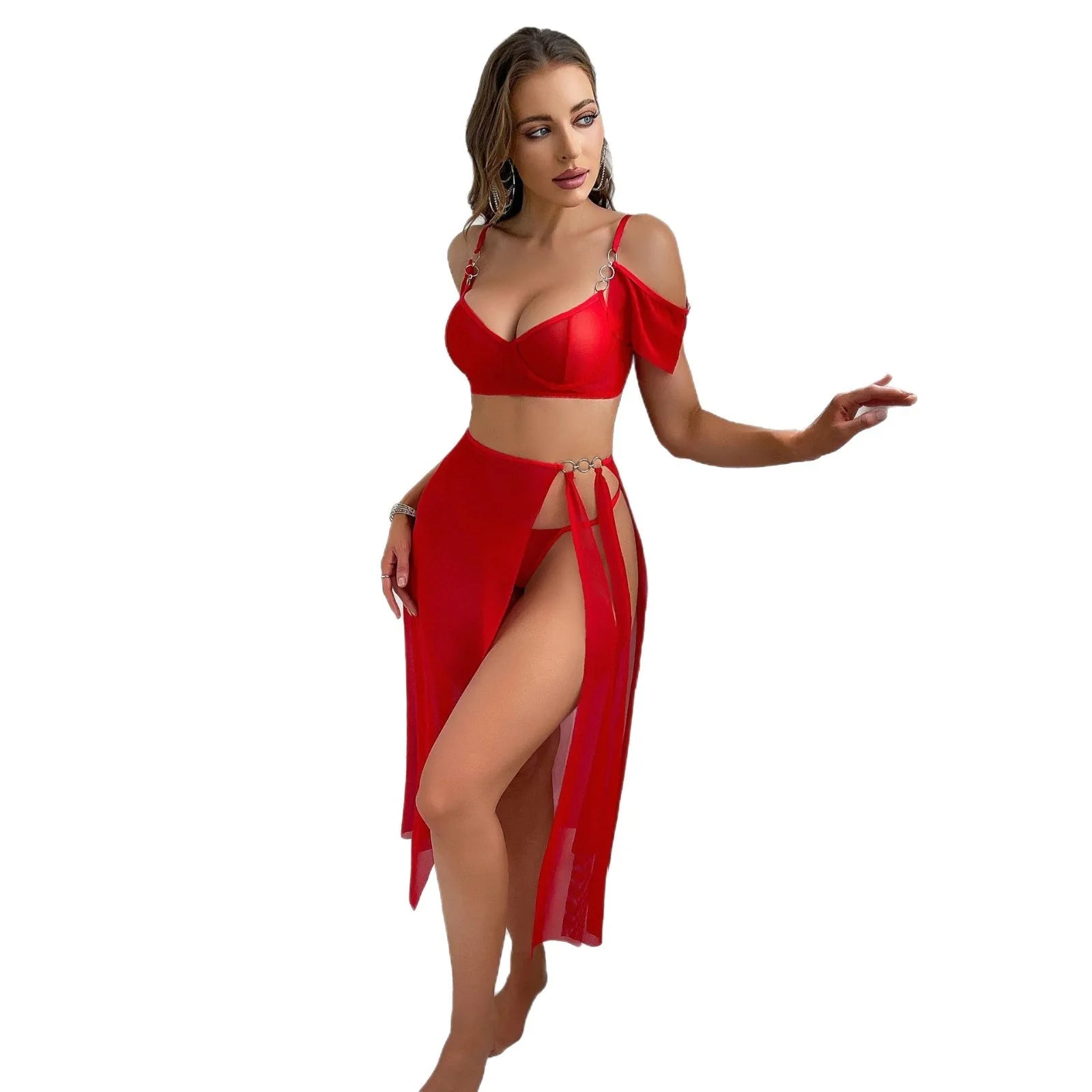 Sexy Women's Mesh Off - Shoulder High - Slit Long Dress Lingerie Set Breathable - Zeprah
