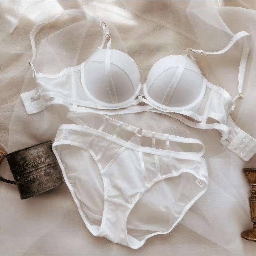 Sheer Mesh and Strappy Underwire Bra and Thong Set - Zeprah