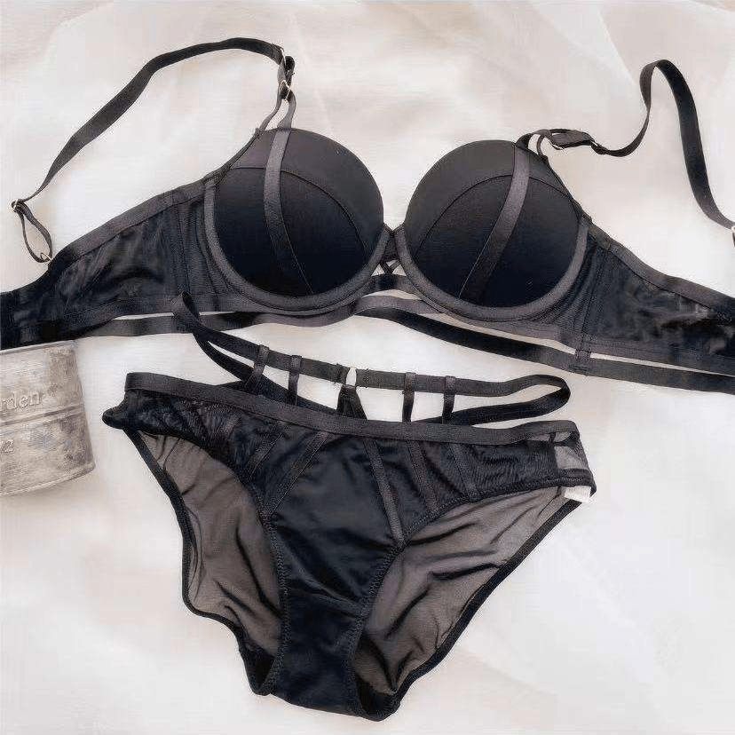 Sheer Mesh and Strappy Underwire Bra and Thong Set - Zeprah