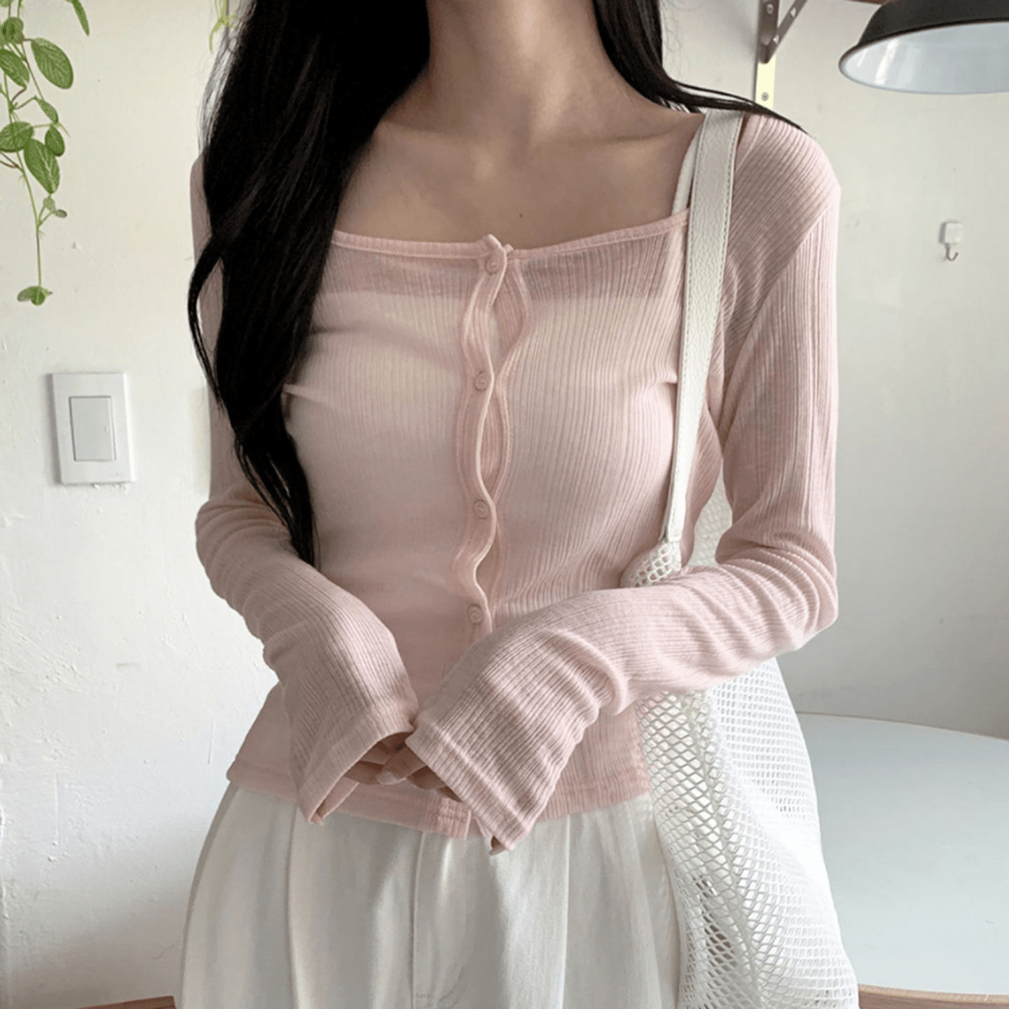 Sheer Ribbed Knit Square Neck Cardigan - Zeprah