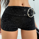 Shimmer Knit Breathable Eco - Friendly Skinny Shorts Women Low Rise Stretch Elastic Waist Sequined Hot Pants for Party Club - Zeprah