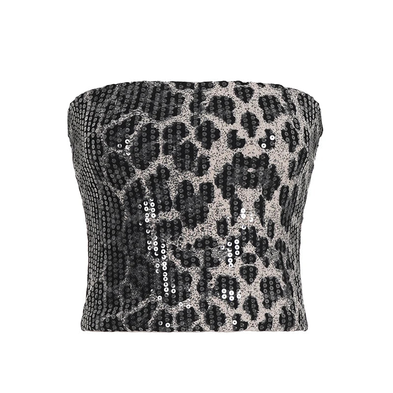 Shiny Sequin Animal Leopard Print Knitted Short Tank Top Women Sexy Bodycon Club Wear Strapless Back Zipper - Zeprah