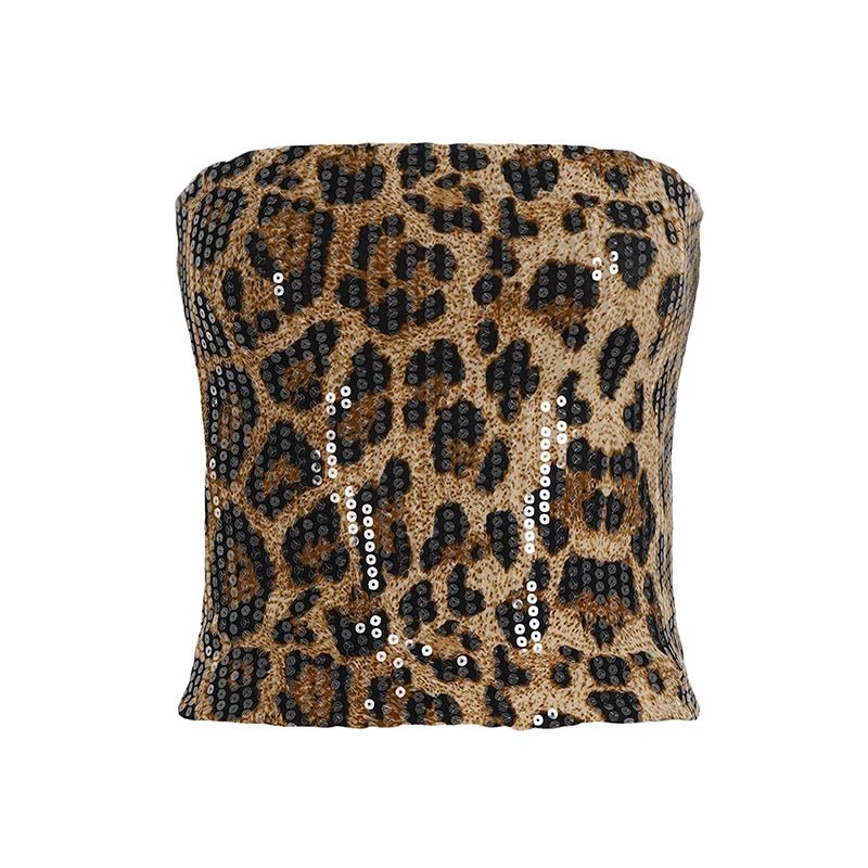 Shiny Sequin Animal Leopard Print Knitted Short Tank Top Women Sexy Bodycon Club Wear Strapless Back Zipper - Zeprah
