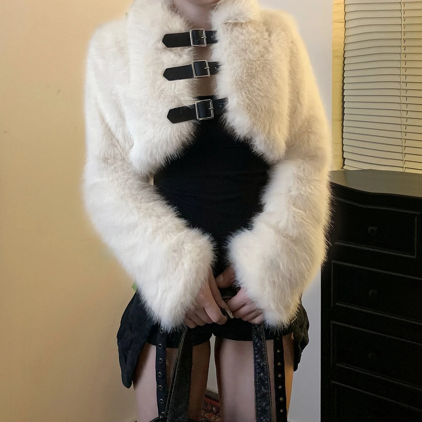 Short Cropped Casual Jacket Women Lapel Faux Fur Trim Button Solid Color Eco - Friendly Polyester Warm Winter Outerwear - Zeprah