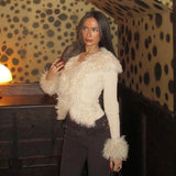 Short Cropped Faux Fur Trimmed Biker Jacket Zip Up Solid Color Slim Fit Long Sleeve Outerwear for Women - Zeprah